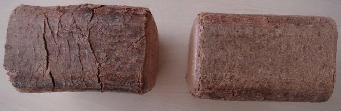 Príklad kvádrových drevených brikiet vylisovaných pri rôznej vlhkosti materiálu (vľavo cca 18 %, vpravo cca 10 %)