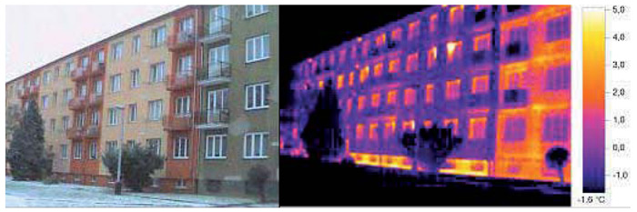 Termovizní snímek účinku zateplení obvodové fasády bytového domu