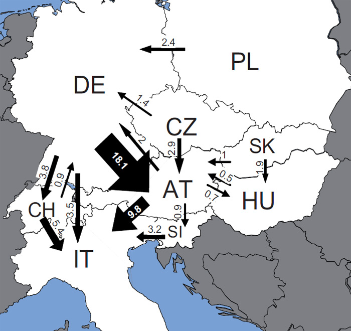 Přeshraniční obchod se štěpkou, pilinami, peletami atd. ve střední Evropě v roce 2006 (v PJ/rok; toky menší než 0,5 PJ/rok nejsou zachyceny)