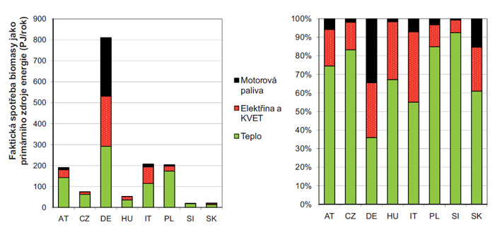 Srovnání struktury faktické spotřeby biomasy pro výrobu tepla, elektrické energie (a kombinovanou výrobu tepla a elektřiny) a pro výrobu pohonných hmot ve střední Evropě v roce 2006