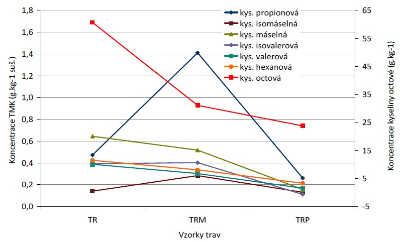 Koncentrace kyseliny octové a ostatních TMK v trávě před a po uskladnění