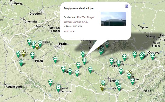 Mapa bioplynových stanic v ČR - instalace