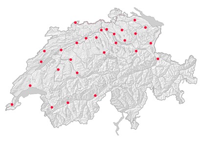Rozmístění jednotlivých spaloven ve Švýcarsku