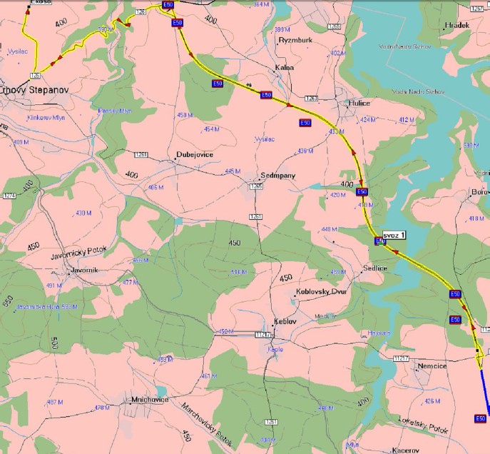 Mapa se zobrazením dopravy trávy získané při údržbě dálnice