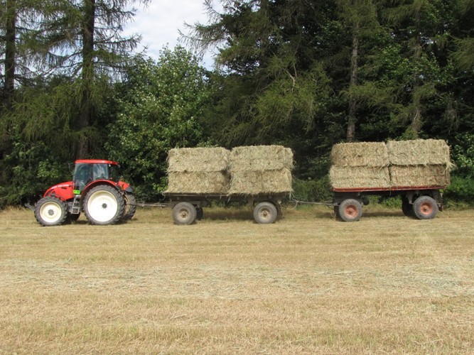 Doprava hranolových balíků  traktorovou soupravou s dvěma přívěsy